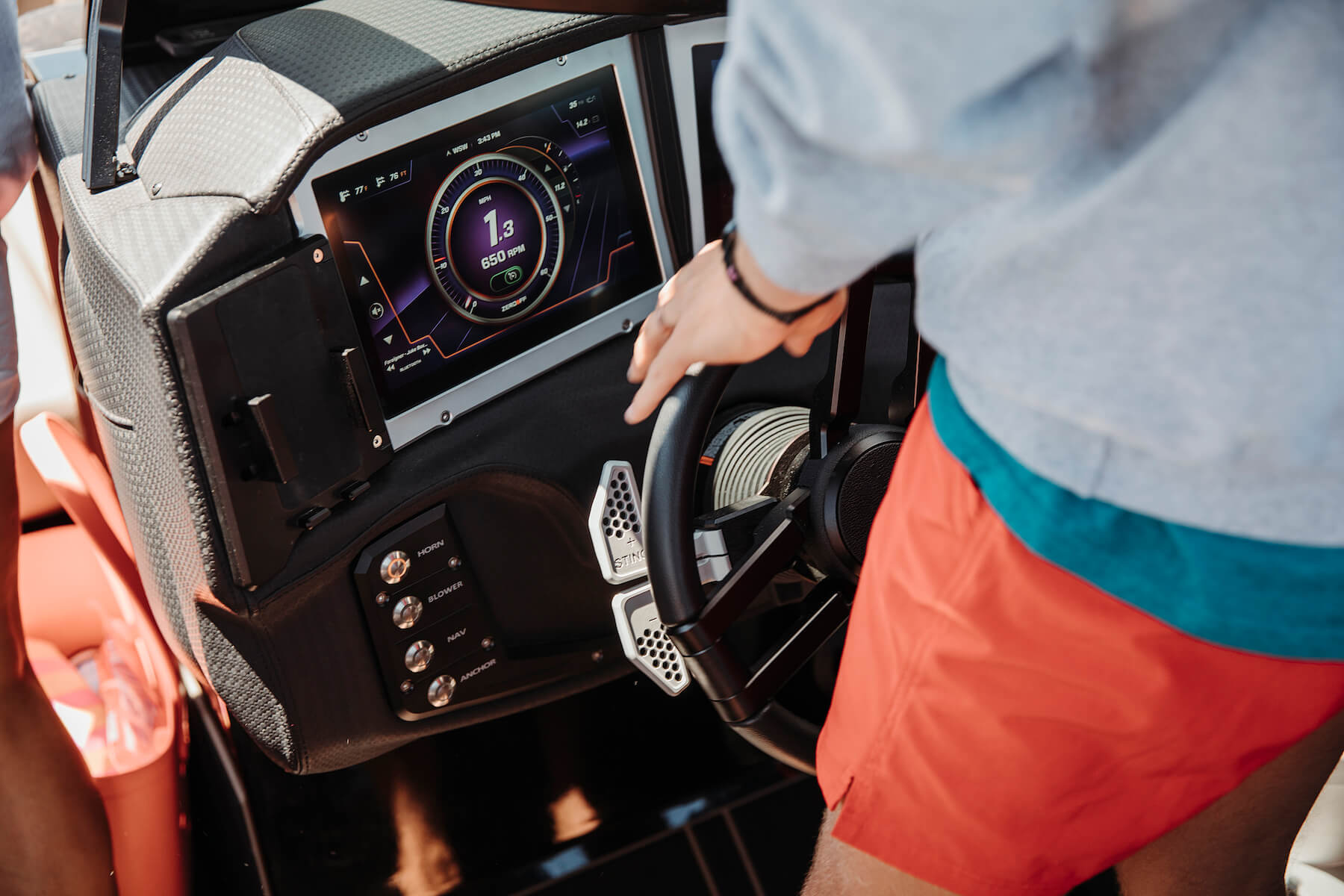 Steering wheel on boat